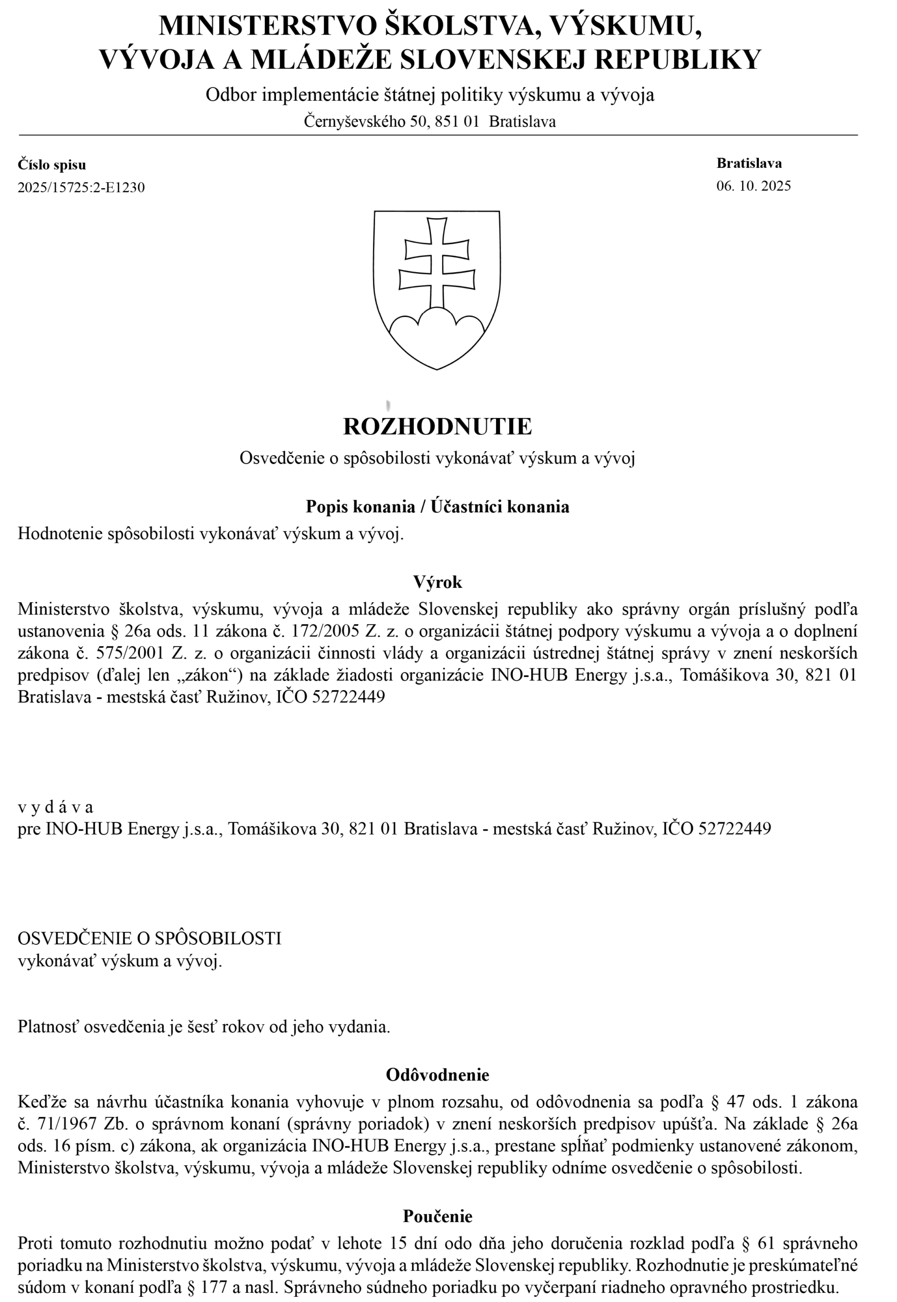Certificate of competence to carry out R&D (research and development)